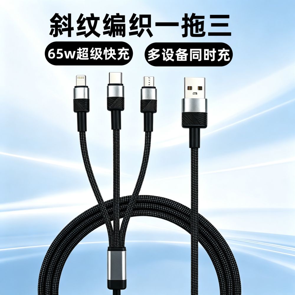 斜纹编织65w快充一拖三数据线适用苹果安卓华为typec三合一充电线