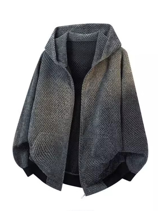 Men's Knit Striped Hooded Sweatshirt Jacket, Autumn, Retro Style, Heavyweight