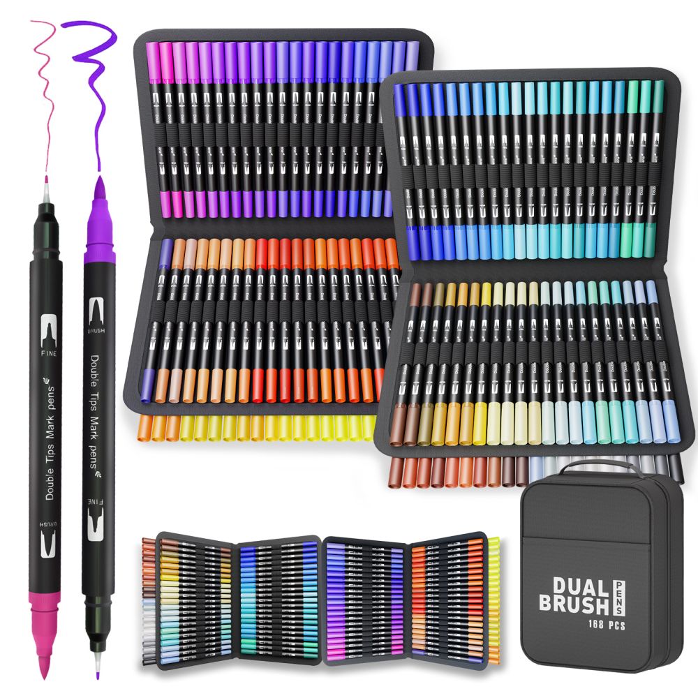 168er Doppelkopf DIY Handmal-Malstift Kritzelbunt-Stiftset mehrerer Größen CD-Verpackung tragbares Stofftaschen-Set leicht zu reinigend Aquarellstifte