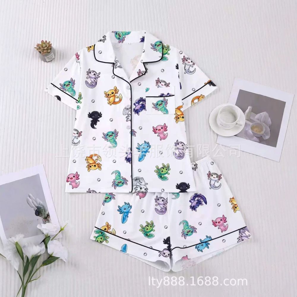 Women's Pajama Set with Pink Dinosaur Print and Button-Up Lapel - 1
