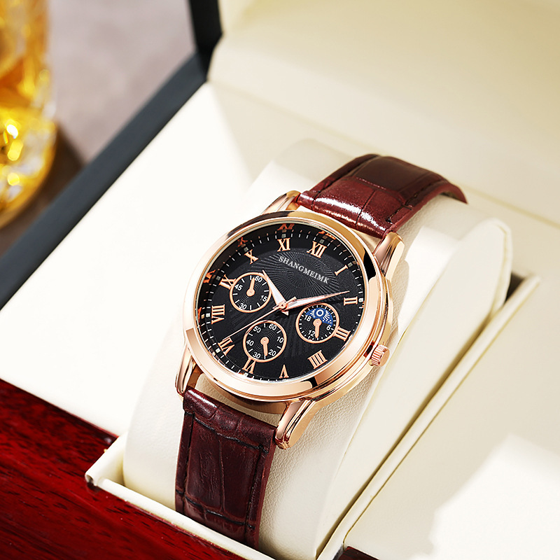 Men's three-dial quartz watch, steel band, business style