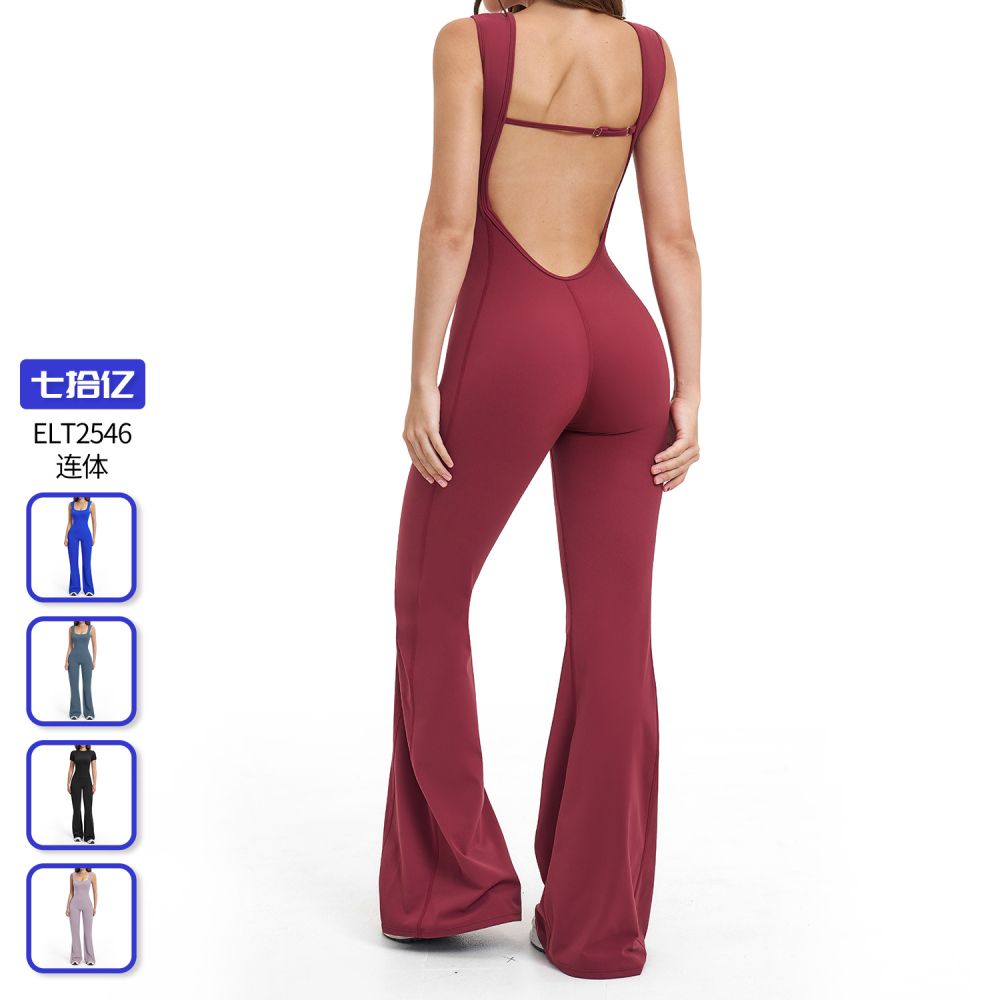 Rückenfreier Yoga-Jumpsuit, leicht ausgestelltes Bein, figurbetonter Fitness-Einteiler, Mo