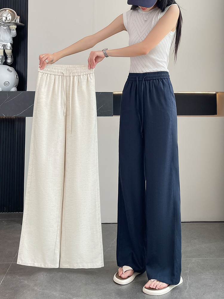 Damen-Leinenhose im Fischgrätmuster, weites Bein, hoher Bund, Sommer