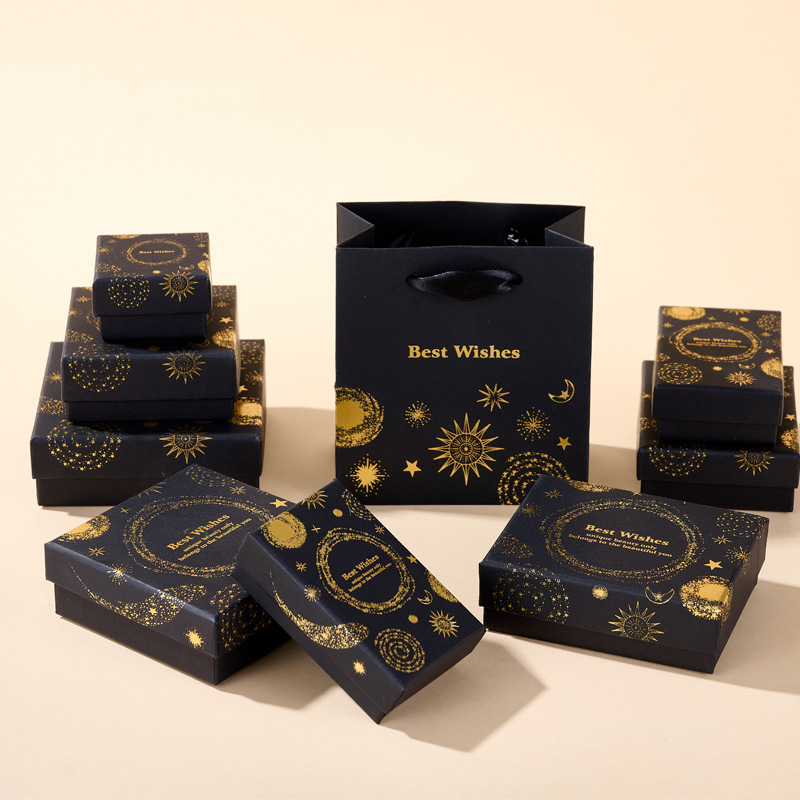 In Stock Black Hot Stamping Jewelry Box Classic Gold-Plated Watch Box Accessory Packaging Box Luxury Earring Ring Necklace Box