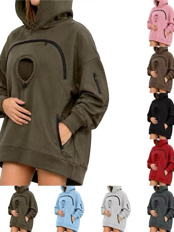 Cross-border Hooded Women's Pet Cat Pocket Casual Sweatshirt Women's Zip-Up Long Sleeve Hooded Fleece-Lined Top