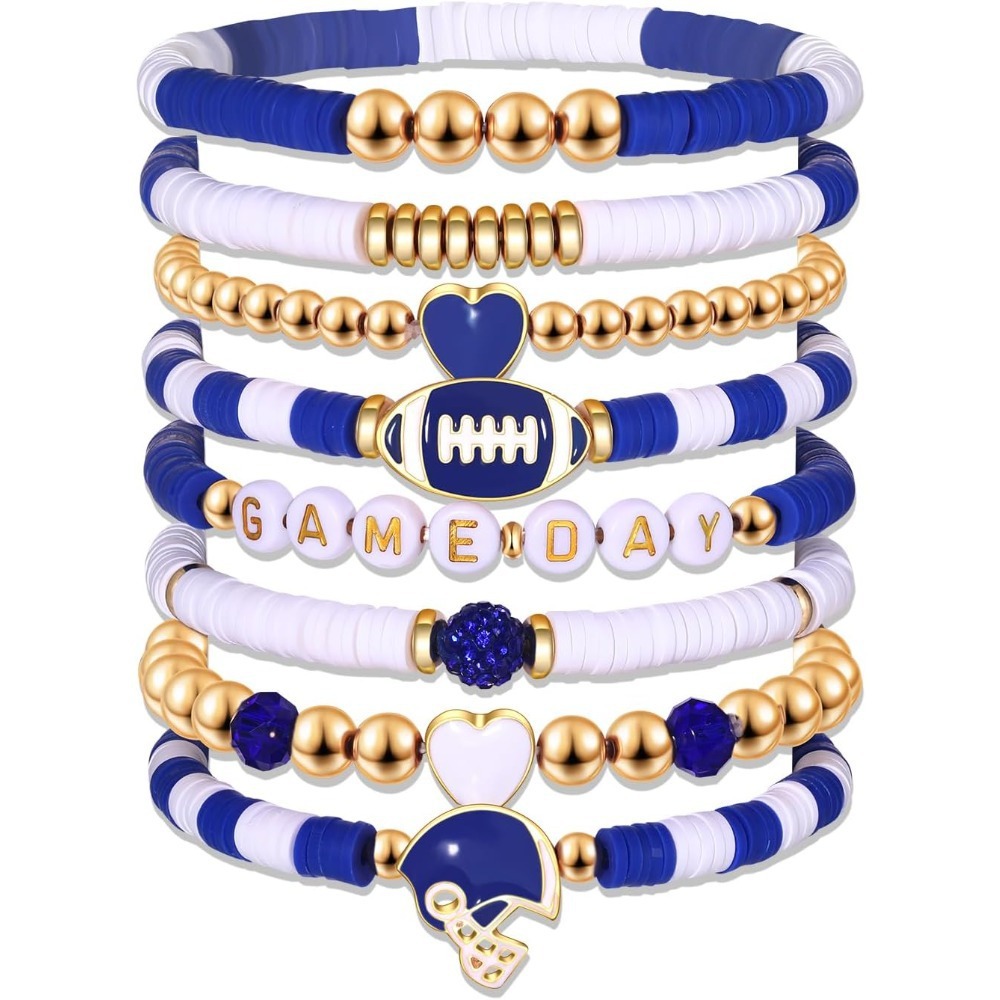 8-Piece Rugby Bracelet Set with Crystal Heart and Letter Beads - 1