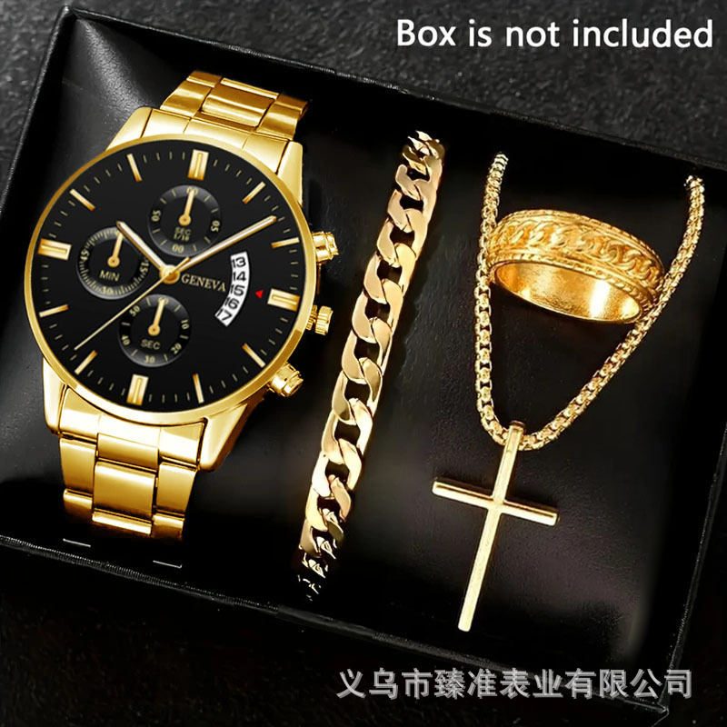 Men's watch set, black gold steel band with cross pendant - 1
