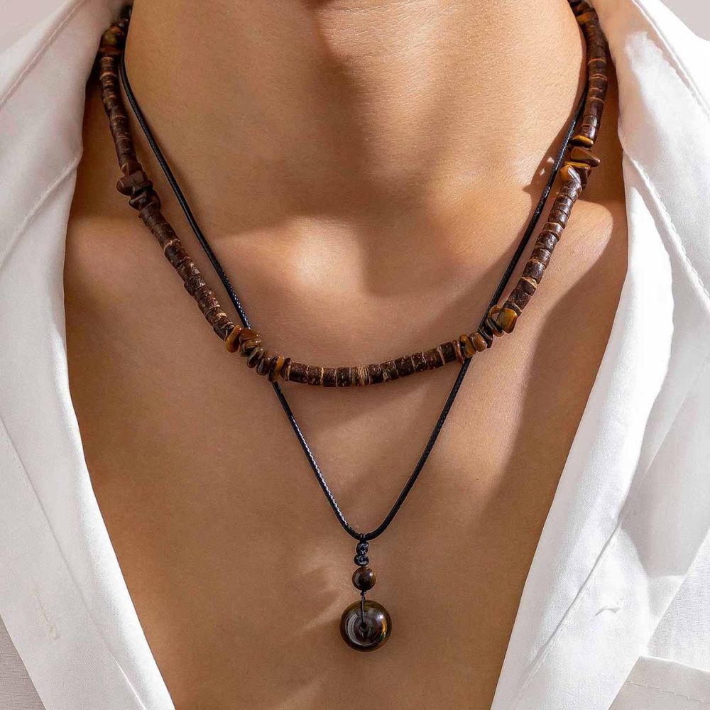 Men's wood bead turquoise necklace set - 1