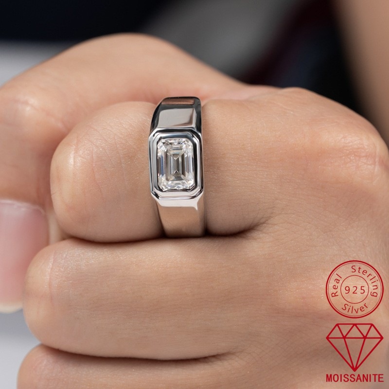 925 Sterling Silver 2-Carat Moissanite Emerald-Cut Men's Ring