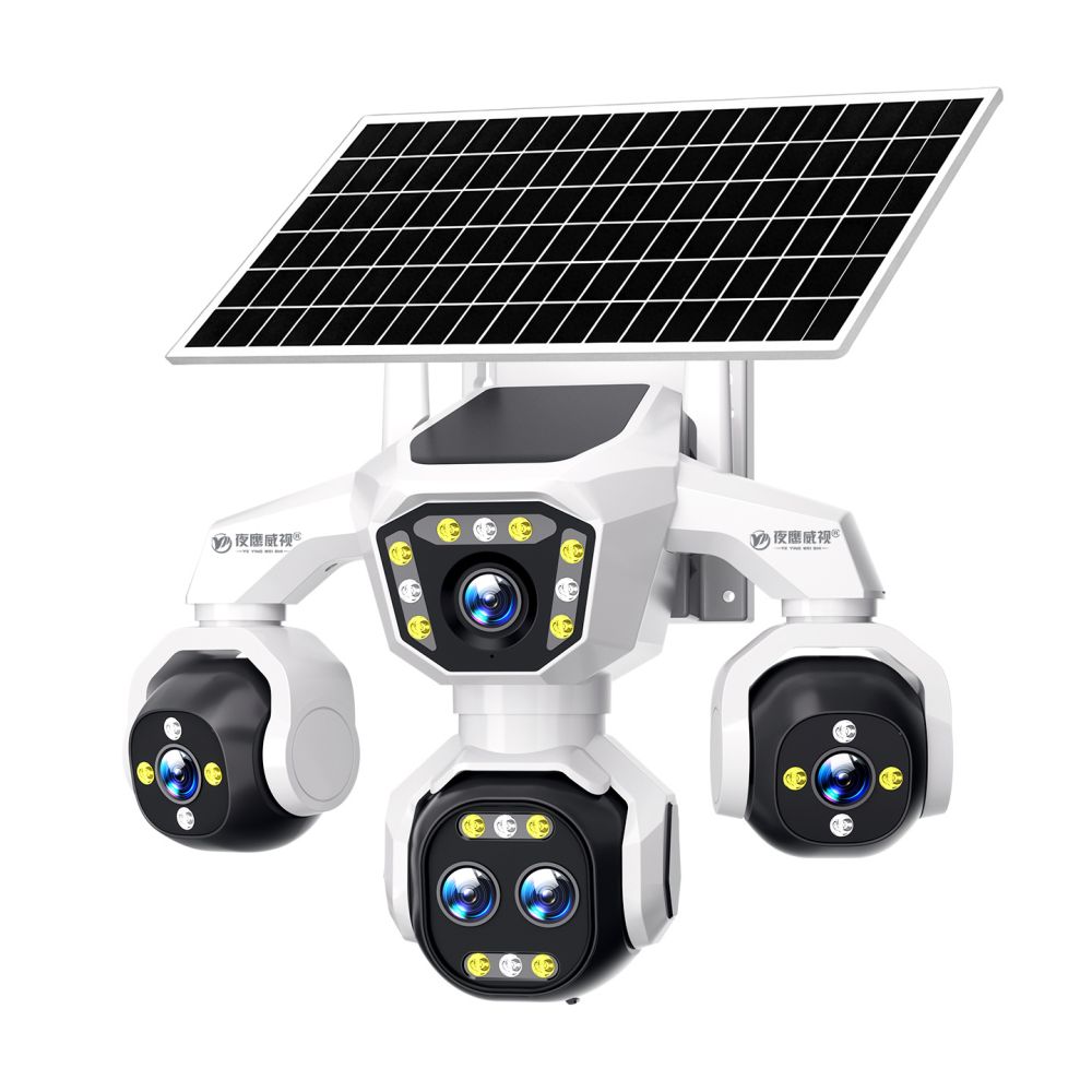 Solar Powered Surveillance Camera with Five Lenses 18X Zoom Four Screen 360 Degree Rotation Full Color Night Vision Waterproof