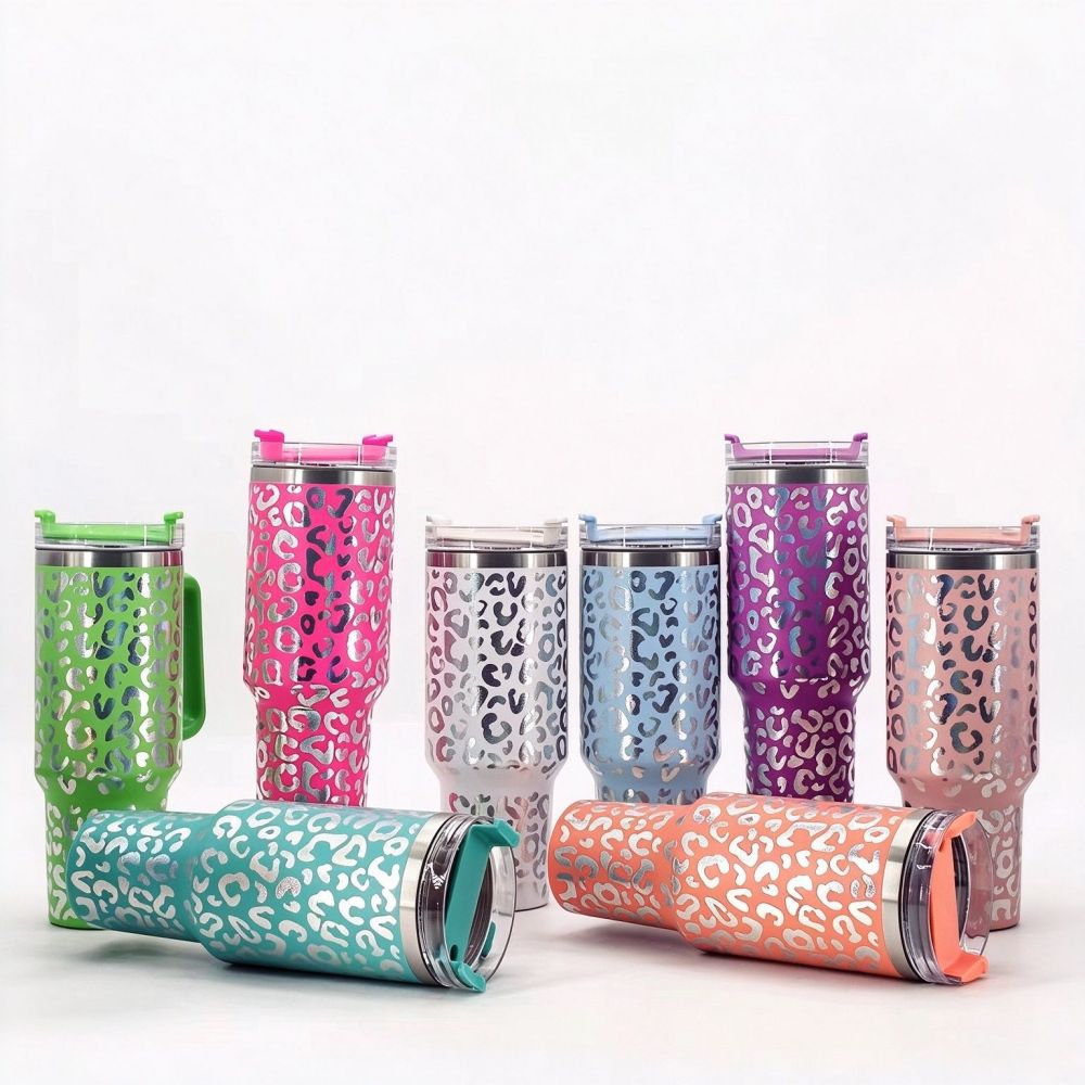 40oz Leopar Desenli Paslanmaz Çelik Araba Kupası, 304 Termos, Pipetli, Saplı