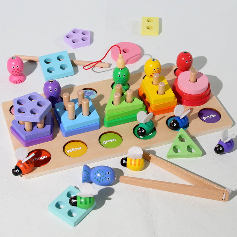 Manufacturer Wholesale Cross-Border Hot-Selling Wooden Children's Early Education Educational Toy 3-in-1 Multifunctional Bee Stacking Column Toy