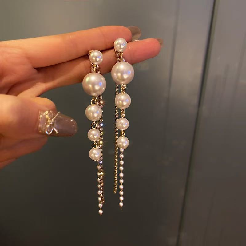 Diamond Pearl Long Tassel Earrings, Lightweight Luxury Earrings, Elegant and Personalized Temperament, Internet Celebrity Earrings for Women, Cross-border Wholesale Trend
