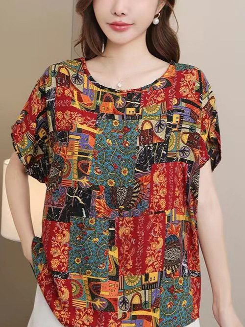 Große Größe Damen-T-Shirt mit Print, kurzarm, locker geschnitten, Viskose-Seidenmischung