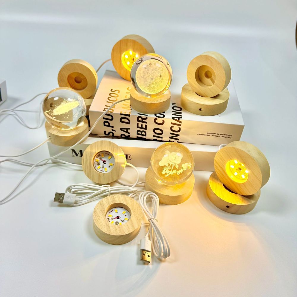 Echtholz-Leuchtesockel USB-Nachtlicht 6cm Kautschukholz ovaler Lampensockel RGB-Farbwechsel