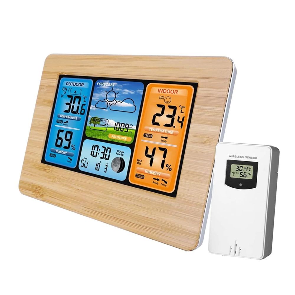 Colourful Display Weather Station Clock, Bamboo Surface, RF Wireless Radio-Controlled Digi