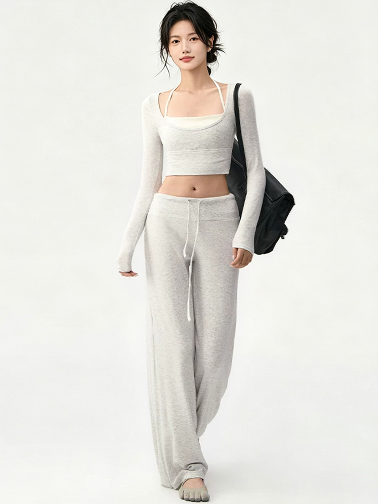 Autumn Yoga Set for Women, Two-Piece with Wide-Leg Pants