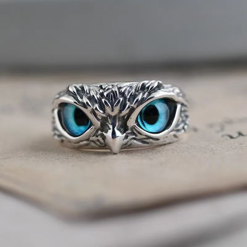 Kreativer süßer Eulenring für Frauen, Glücksbringer Schmuck für Männer, Vintage-Stil, nicht verblassendes 925er Silberschmuck, grenzüberschreitender Großhandelsverkauf.