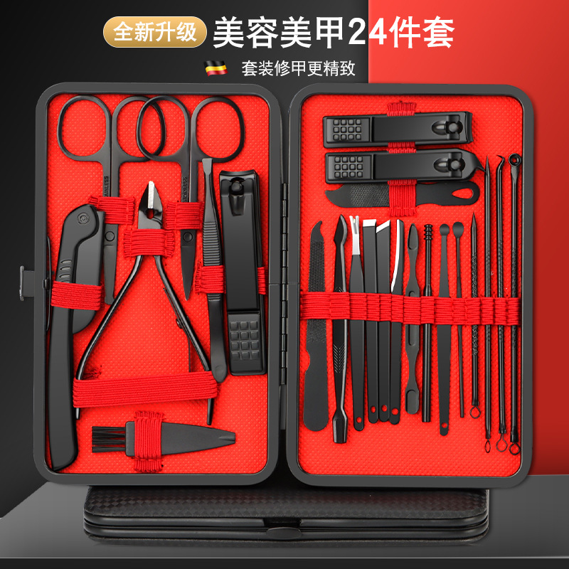 Grenzüberschreitende Nagelschere, Maniküre-Set, schwarz und rot, 24-teiliges Set, schräge Nagelschere, einteiliges Maniküre-Set, Nagelhautschere