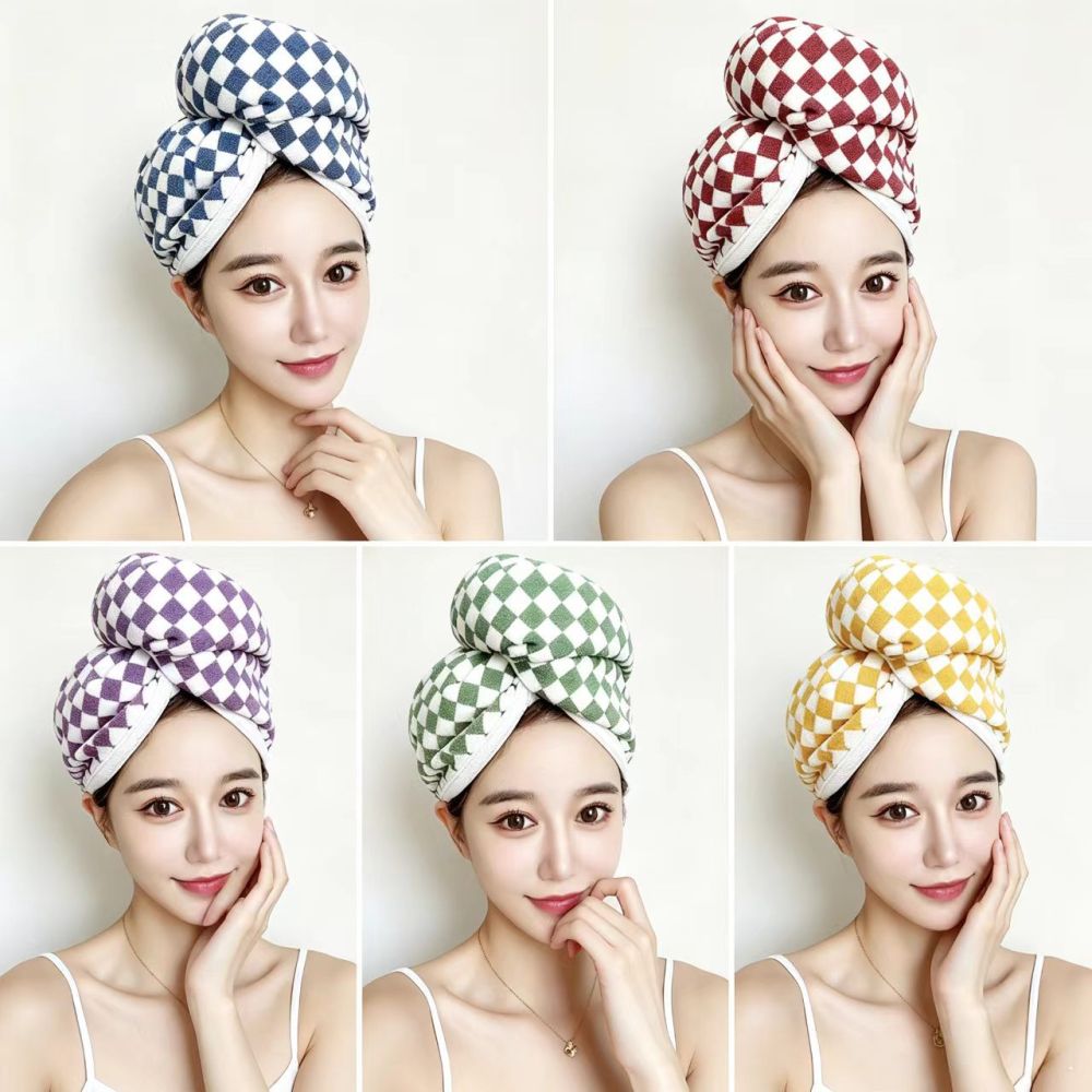 Checkered Absorbent Quick-Dry Women's Hair Cap, Thickened Hair Towel Wrap