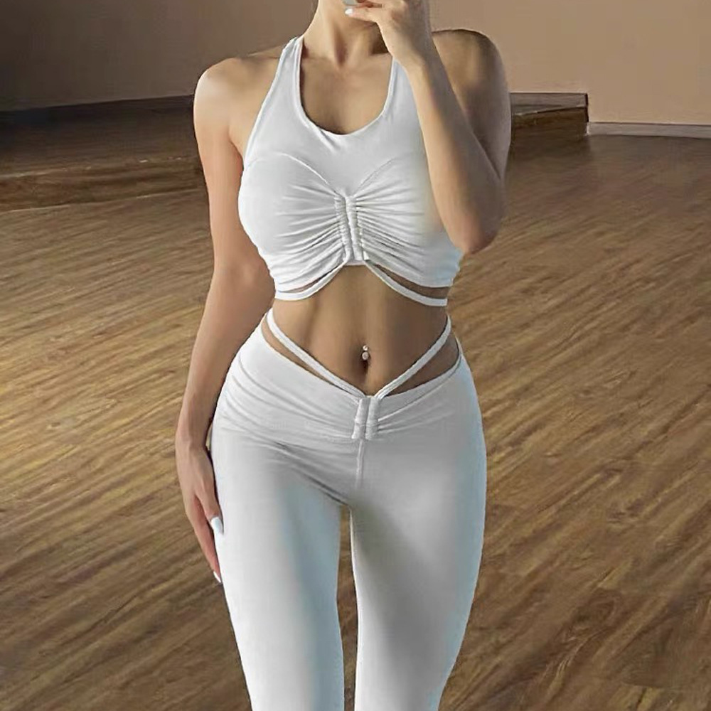 Women's Solid Color High-Waist Yoga Leggings Two-Piece Set with Chest Pads - 1