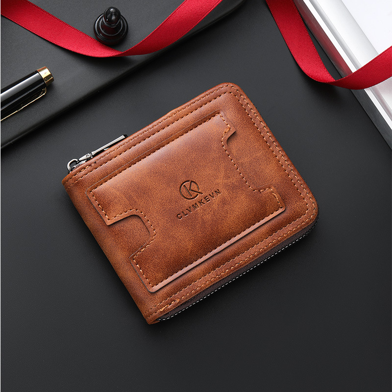 Men's Zipper Short Bifold Wallet with Multi-Function Card Holder