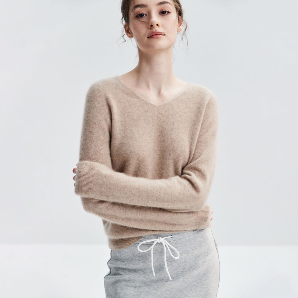 Konasy Autumn Winter New Style 100% Cashmere V-Neck Knitted Sweater Women's Loose Base Layer Pullover Versatile Top