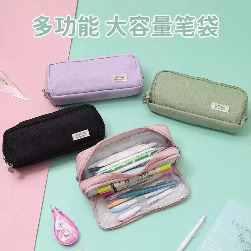Large-Capacity Oxford Cloth Pencil Case, Double Zip, Korean Style