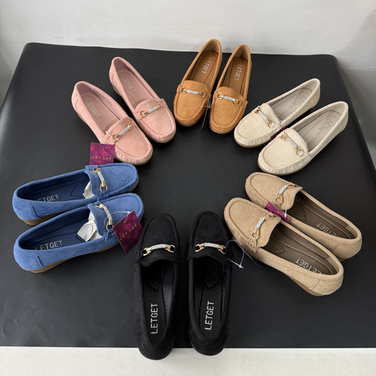 Kadın Topuklu Fasulye Ayakkabı, Taş Metal Tokalı Loafer, Yumuşak Tabanlı Kaymaz