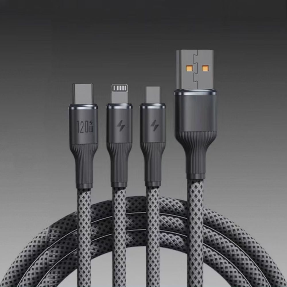 3-in-1 120W fast charging cable with tungsten braid for USB-C and Apple devices