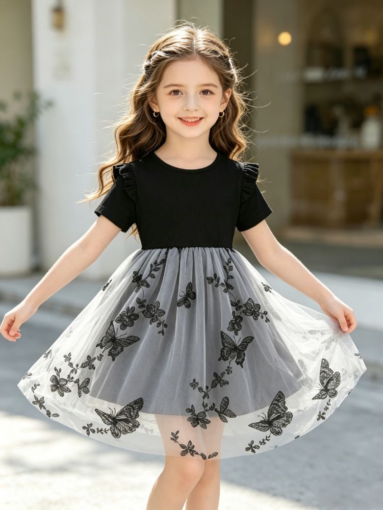 Girls' Summer Butterfly Embroidered Flutter Sleeve Tulle Dress