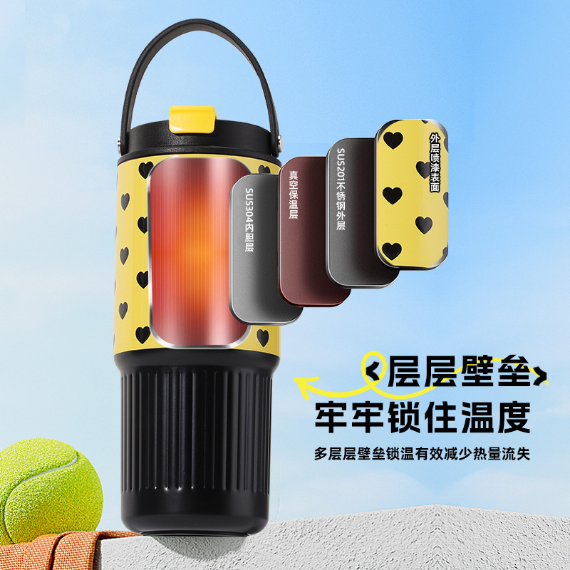 New 304 Stainless Steel Thermos Cup Creative Plaid Pattern Large Capacity Insulated Cup with Handle and Straw Car Cup Wholesale - 3