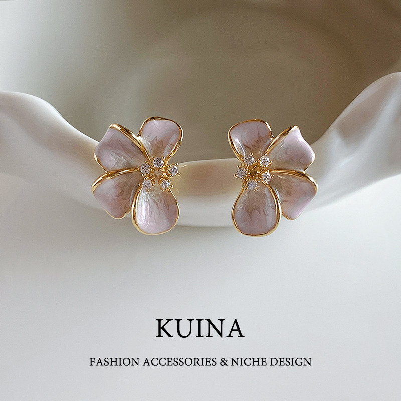 Pink enamel flower sterling silver stud earrings
