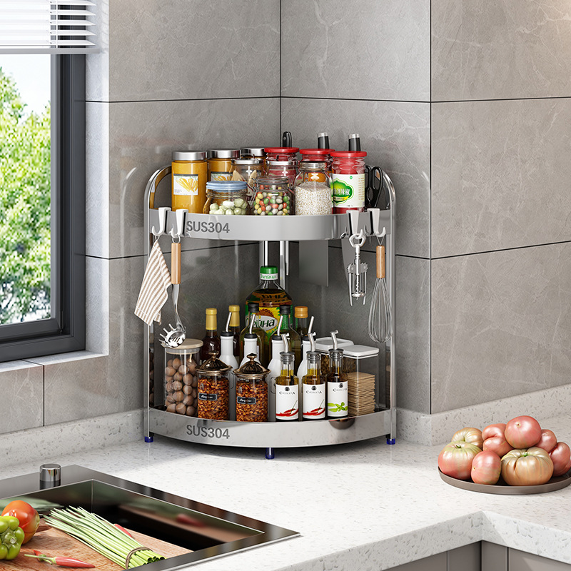 304 stainless steel kitchen shelf spice tripod spice rack countertop corner knife holder rod storage shelf - 3