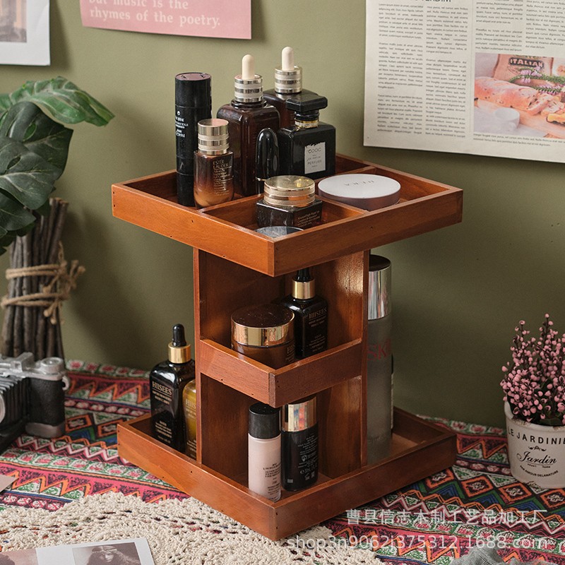 Rotating Wooden Makeup Vanity with Cosmetics Storage - 1