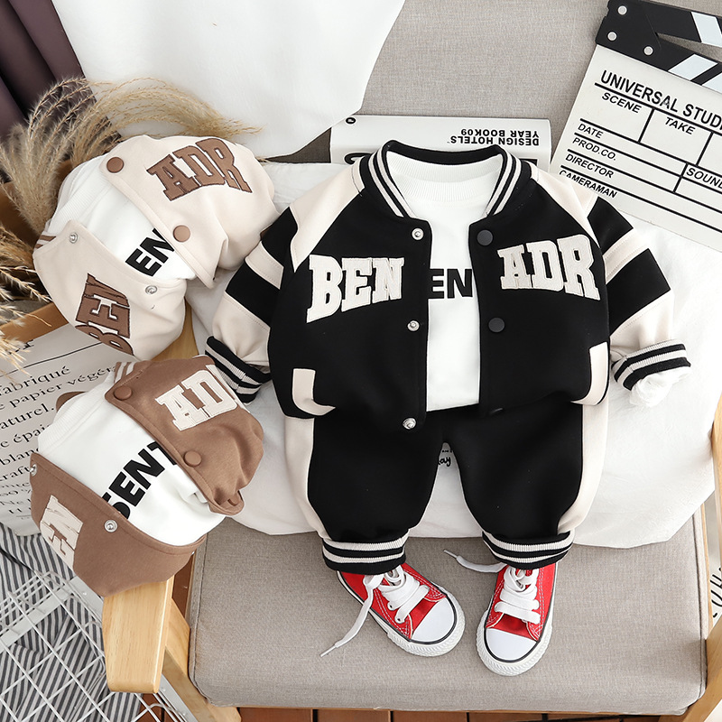 Boys' Crew Neck Baseball Jacket 3-Piece Set with Long Sports Pants