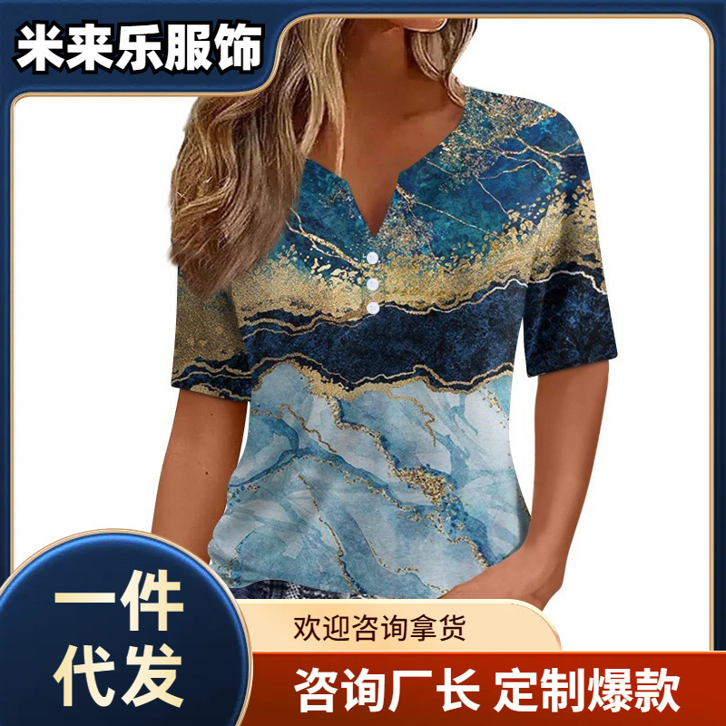 Women's V-Neck Three-Button 3D Print Short-Sleeve T-Shirt