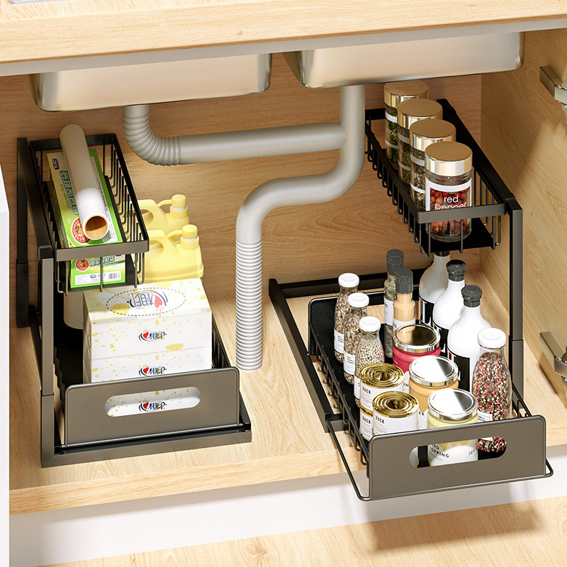 Cross-border Amazon Kitchen Under-sink Storage Rack Pull-out Seasoning Organizer Tiered Pull-out Basket Bathroom Drawer - 1