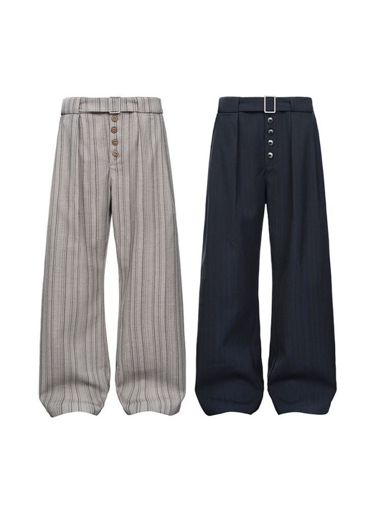 Gestreifte Weitbein-Hose im amerikanischen Vintage-Stil mit Knopfleiste - 1