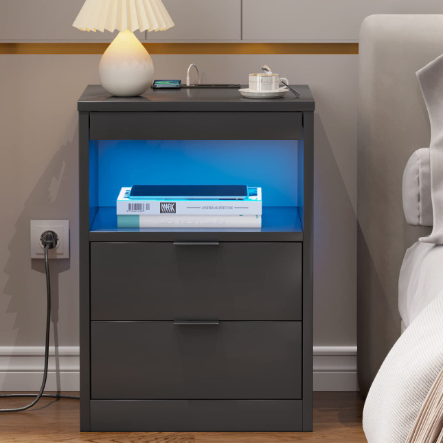 Cross-border Amazon Panel Furniture Bedroom Nightstand with LED Light, USB Port, Storage Cabinet, Factory Custom Sourcing