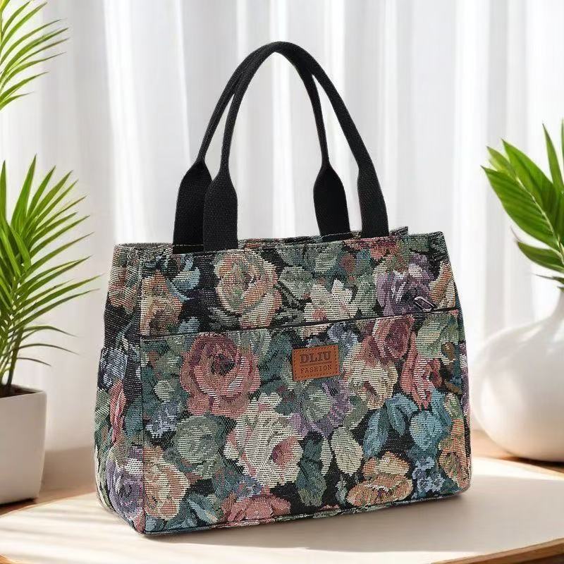 Retro-Handtasche mit Blumenmuster, großes Fassungsvermögen