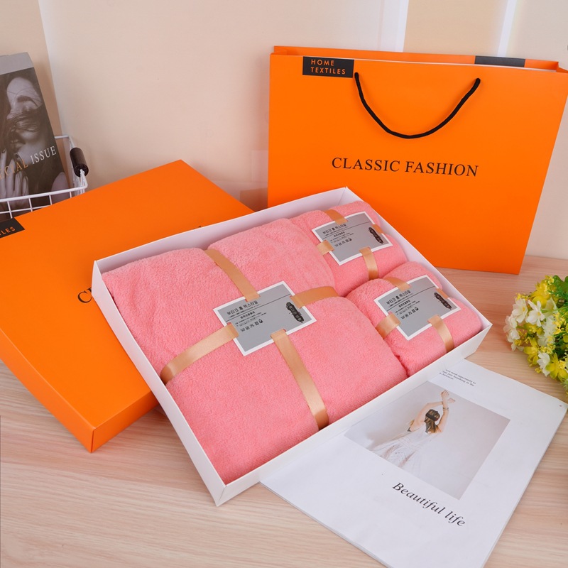 Coral fleece bath towel gift set three-piece orange box