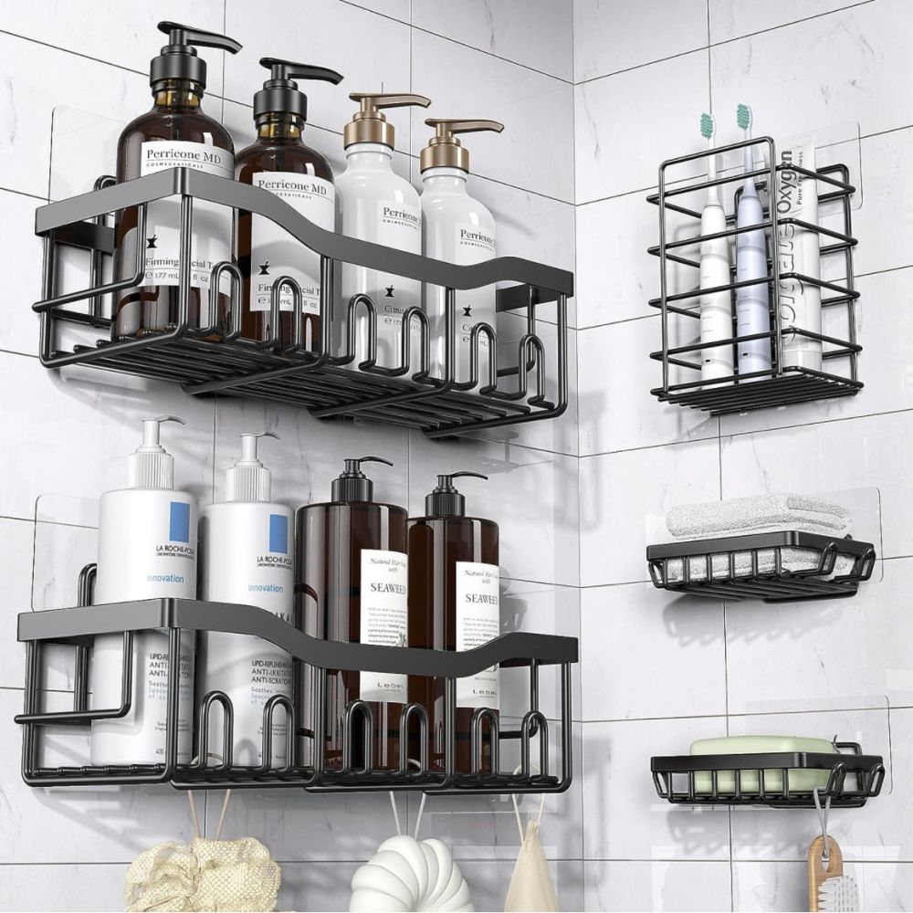 Wrought Iron Bathroom Shelf Wall-Mounted Toothbrush Holder, Punch-Free Installation