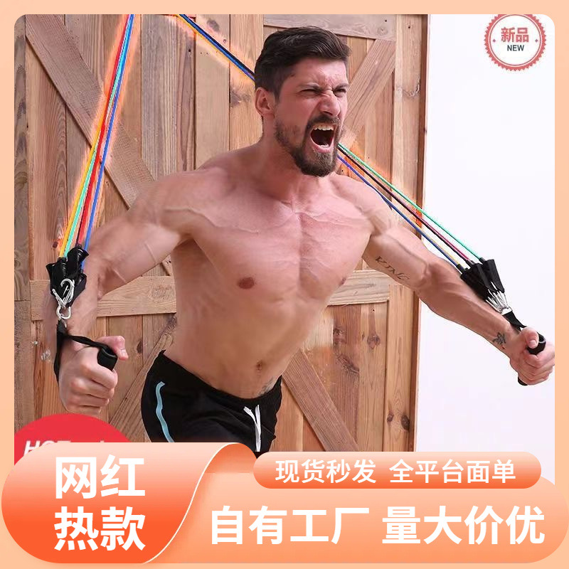 便携式家用11件套拉力绳套装训练组合弹力绳健身男士门上阻力带