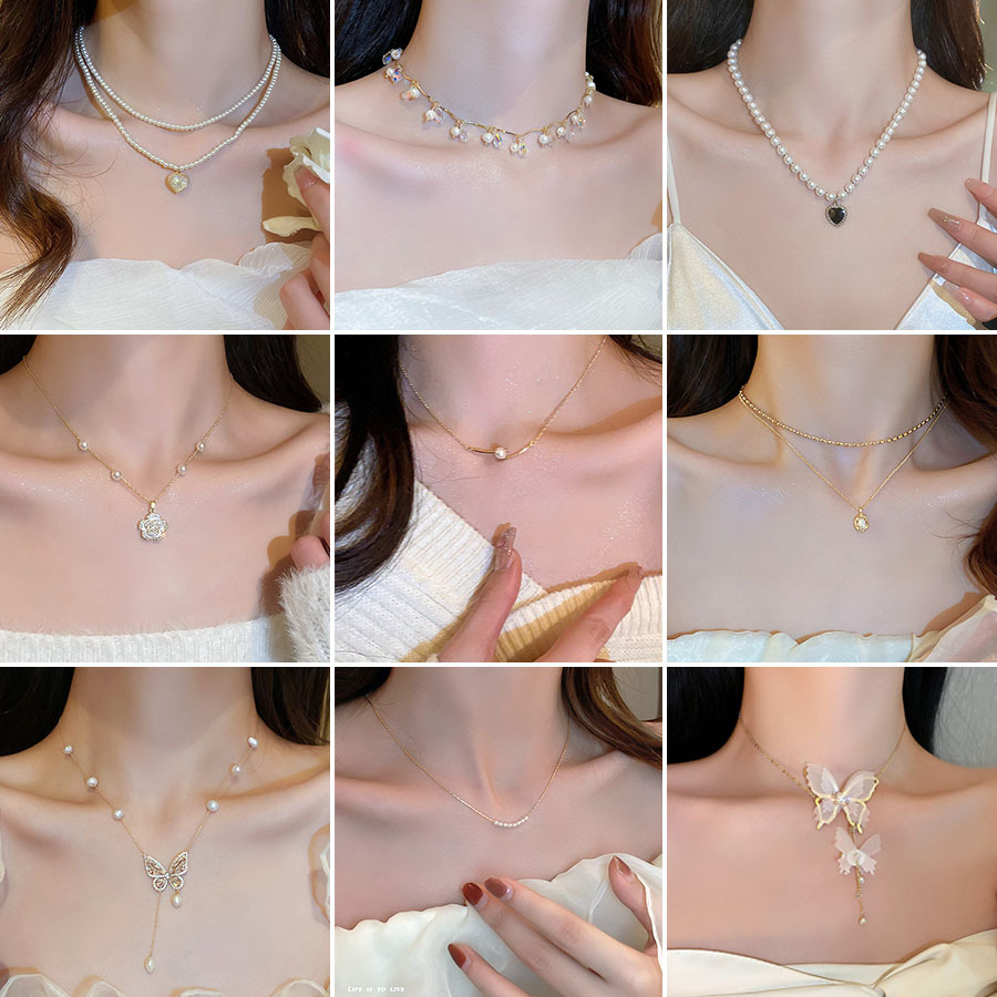 Korean Heart Butterfly Pearl Tassel Necklace Collarbone Chain