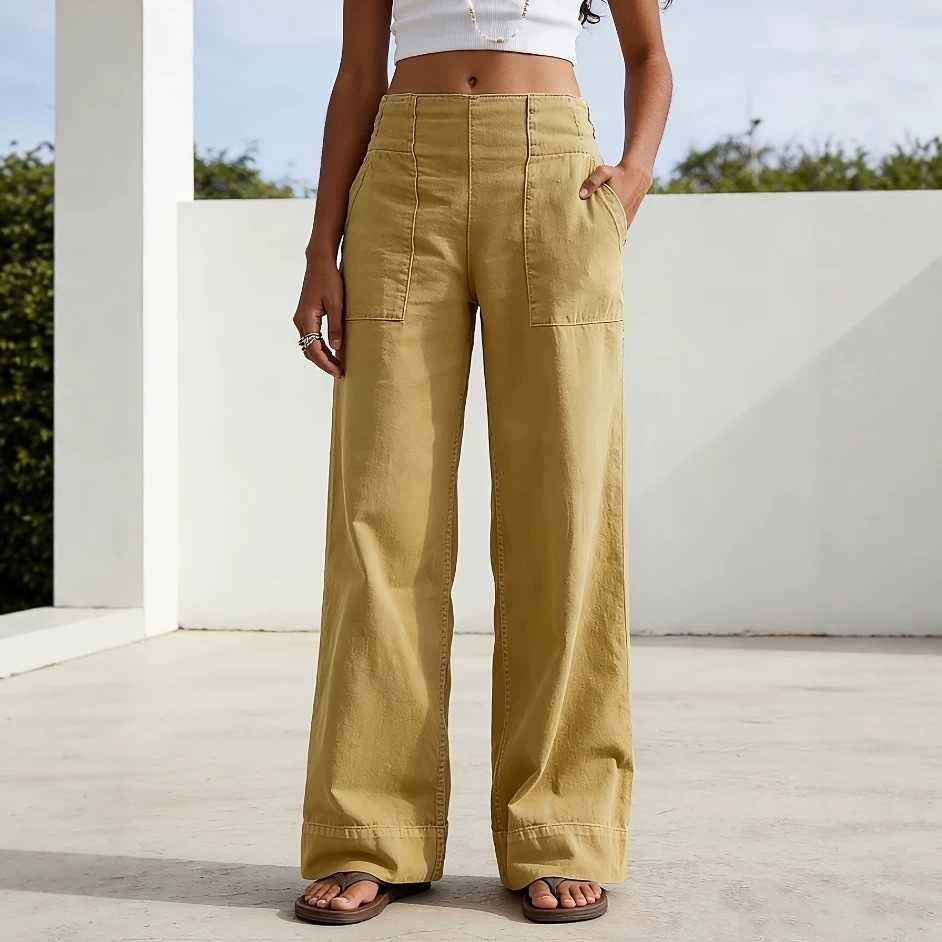 Damen-Sommerhose aus Baumwoll-Leinen, weites Bein, elastischer Bund, einfarbig