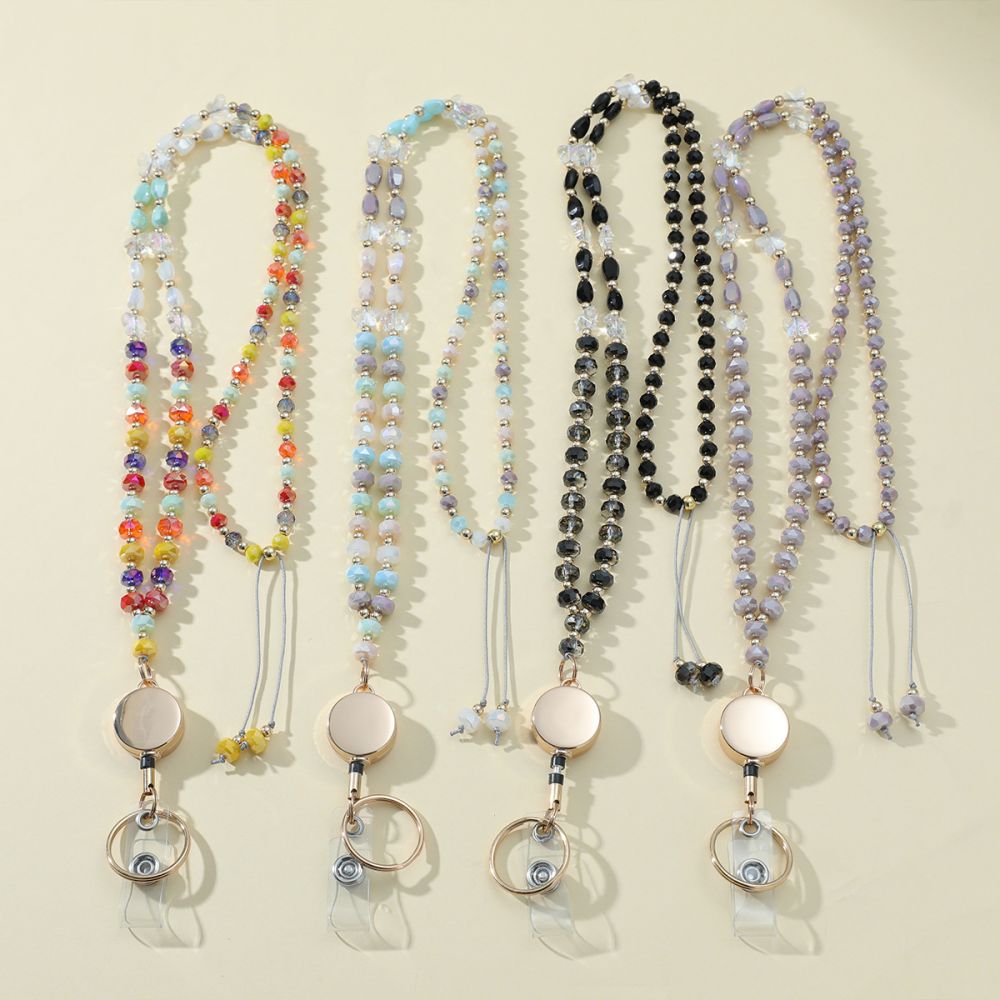 New Cross-Border Bestselling Colorful Crystal Beaded Lanyard Strap with Badge Holder ID Card Holder Stretchable Necklace LANYARD