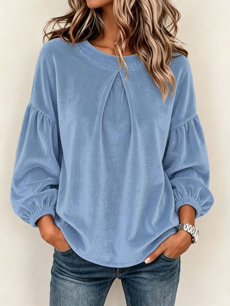 2026 Women's Round Neck Lantern Sleeve Velvet Patchwork Long-Sleeve T-Shirt