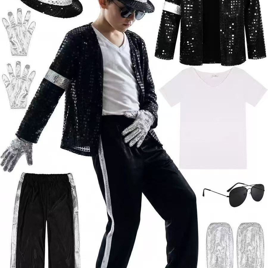 MJ Michael Jackson Cosplay Kostüm Seti, Çocuk ve Yetişkin, Step Dansı - 1