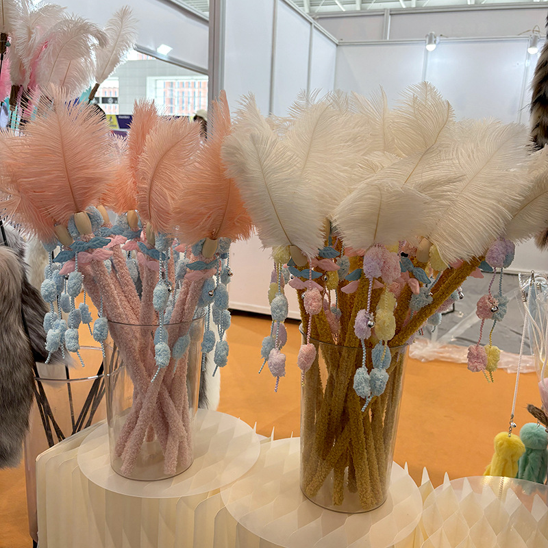 Ostrich Feather Cat Teaser Wand with Plush Wooden Stick